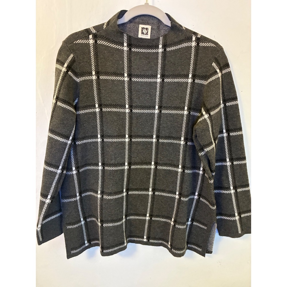 Anne Klein Womens Grey Plaid Mock Neck Sweater Size M Windowpane Knit Top